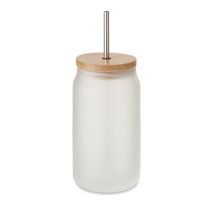 Mug verre givré promotionnel avec paille 400 ml BLIM blanc transparent